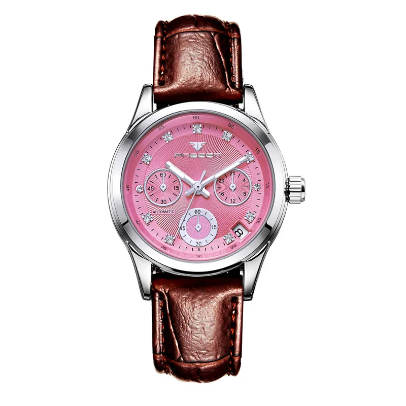 brown pink Бренд fngeen Для женщин простой автоматический само-часы с автоподзаводом элегантные женские Нержавеющая сталь механические Светящиеся стрелки часов - Цвет: brown pink