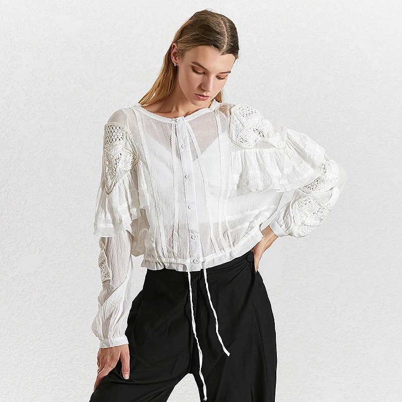 TWOTWINSTYLE Ruffle Hollow Shirts For Women O Neck Perspective Bowknot Lace Up Shirt Blouse Female Autumn Fashion New