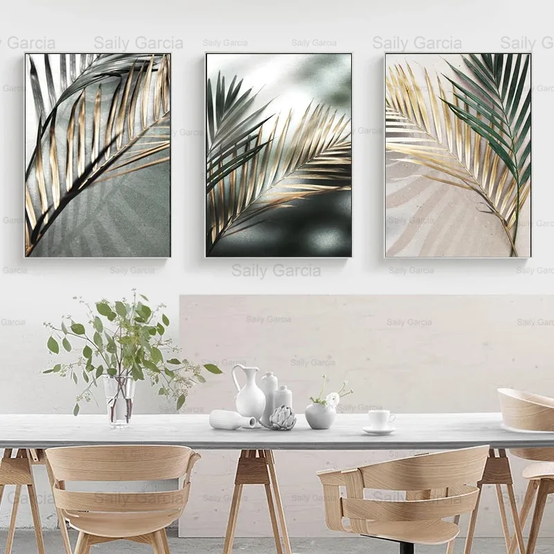 Пальмовых листьев растений золотой Холст Картина Wall Art плакат ботанический