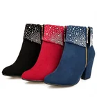 Ботинки стразы на толстом каблуке, однотонные короткие сапоги, круглый носок, молния сбоку, высокий каблук, Осень-зима