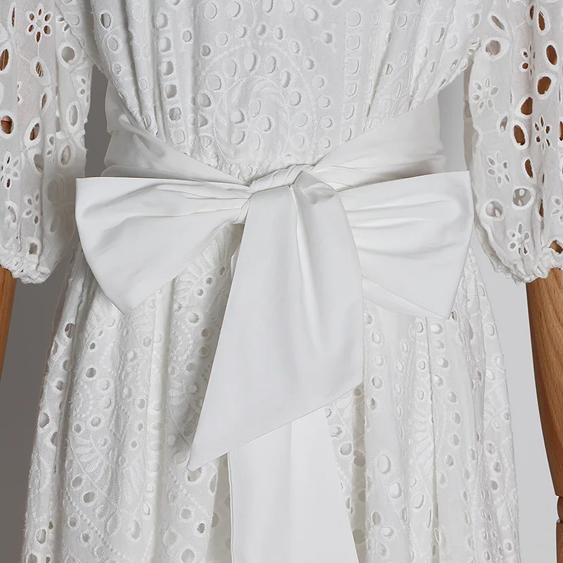 

Women Lace Shirt Dress Hollow Out Lantern Sleeve High Waist Belted Tunic Summer Dress