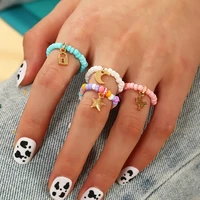 4pcsset colorful rice bead rings for women fashion star moon pendant ring set adjustable handmade finger ring girls jewelry set