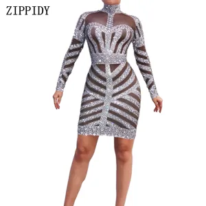 Блестящее Серебряное платье стразы, Белое Женское платье на день рождения, выпускной, праздник, платье с длинным рукавом, вечерние танцевальные костюмы