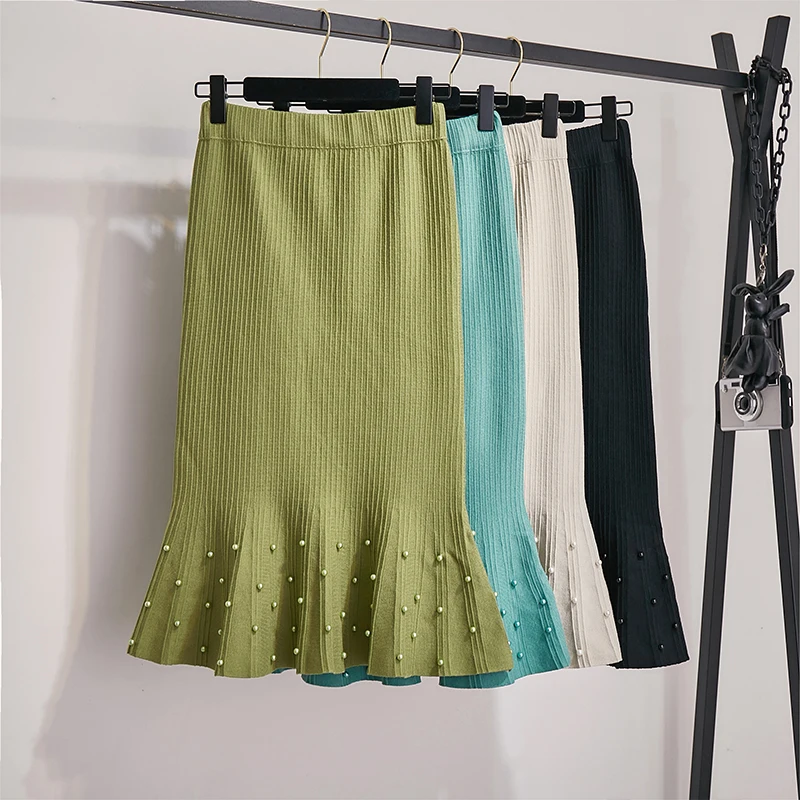 Женская юбка мода Вязание Русалочка жемчуг зима Юбка карандаш шерсть Большая