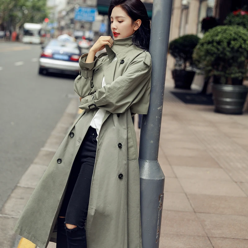 

England Style Double-breasted Long Women Trench Coat Belted with Flaps Spring Autumn Lady Windbreaker Duster Coat Female Clothes