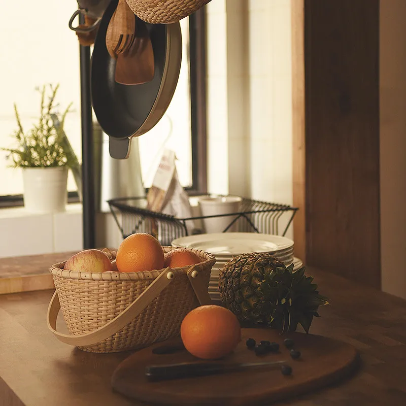 

Woven Storage Baskets for Kitchen Home Cooking Tools Handmade Hanging Baskets with Handle Flower Holder Pots Living Room Decor