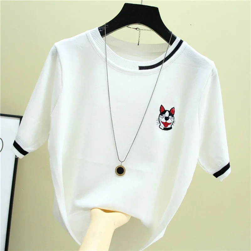 

Embroidered T-Shirt Women 2021 Summer New Fashion Korean O Neck Knit Short Pullover Knitted Sweater Loose Comfortable Tee Tshirt