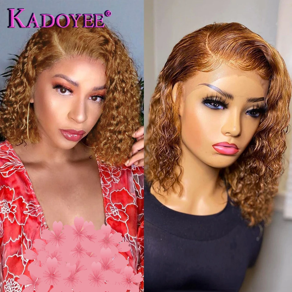 

#27 Color Short Curly Bob Wig Lace Front Human Hair Wigs For Women Brazilian Honey Blonde Kinky Curly Lace Closure Frontal Wigs