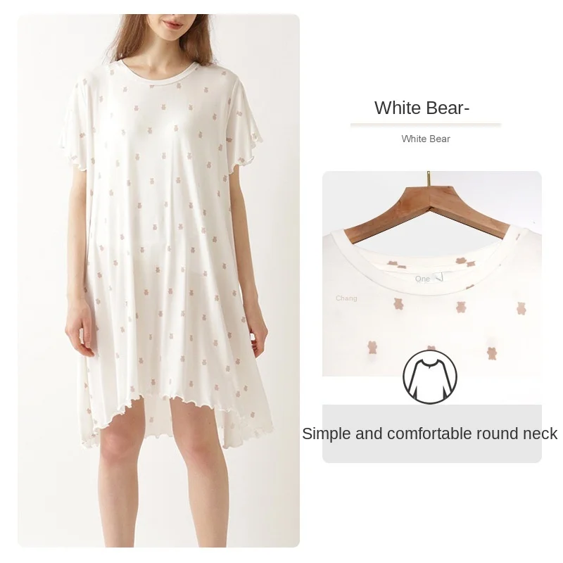 2021 New Japanese Cute Bear Modal Nightgown Home Wear Short Sleeve Summer Nightdress Women's Knee-Length Female Sleepwear