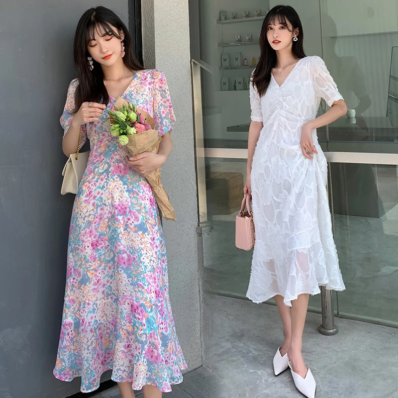 Длинные Цветочный принт шифоновое женское платье летнее элегантное белое