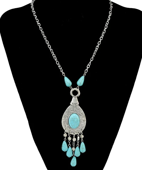 Blue Винтажная Серебряная Золотая инкрустация Колье Хрустальные Бусы геометрическая форма резные ожерелья с подвесками-Кисточками серьги для Бохо цыганского турецкого - Окраска металла: Blue