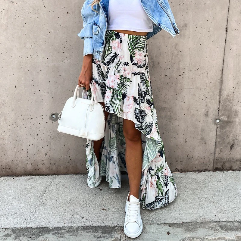 

Summer High Waist Irregular Skirts Floral Print Women Elastic Waist Ruffles A-Line Long Skirt 2021 New Casual Boho Beach Faldas
