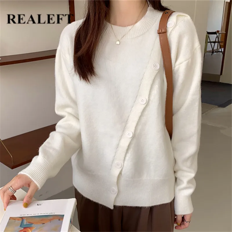 

REALEFT Winter Women's Sweaters 2021 New Autumn Solid Color Button Long Sleeve Casual Warm Knitting Pullover Knitted Tops Female