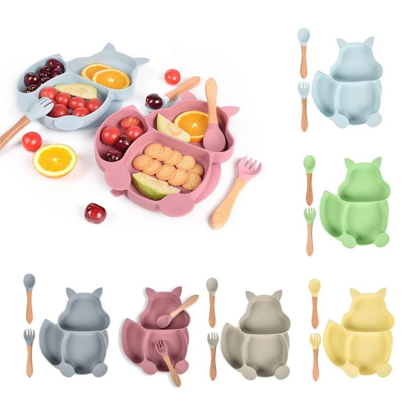 

Nordic BPA Free Silicone Non-slip Squirrel Shape Sucker Training Plate Bowl Baby Shower Gift Fork Spoon Feeding Set Infant Dish