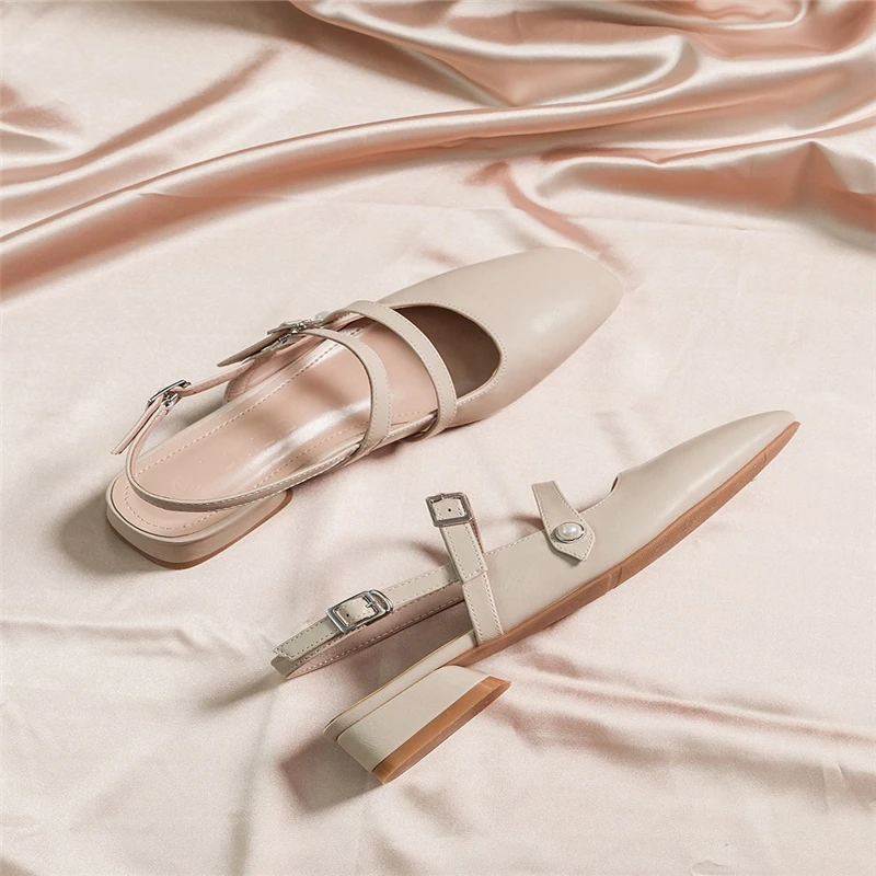 

2021 Style Sandals Designer Women's Shoes Thick Heel Square Toe Fairy Style Pearl Toe Cap Shoes Female Summer Low-heeled Buckle