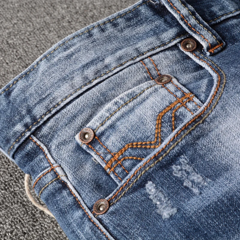 American Street Fashion Men Jeans High Quality Retro Blue Elastic Slim Fit Ripped Jeans Men Printed Designer Hip Hop Denim Pants