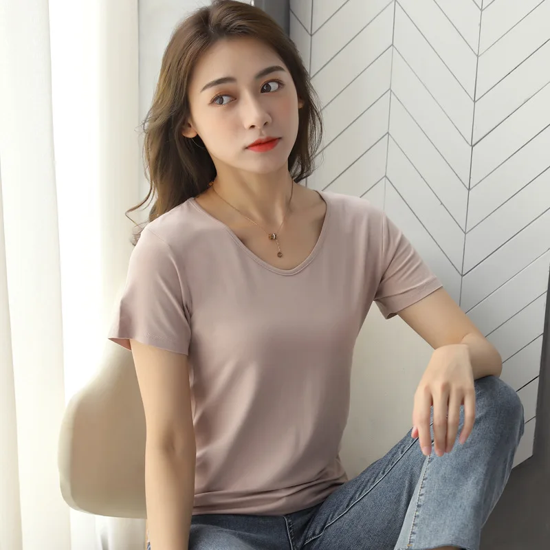 

95% Modal Fabric Soft Solid Colors T Shirt Summer Women Loose T Shirt Female Short Sleeve Tops Tees Causal O-Neck Basic T-shirt