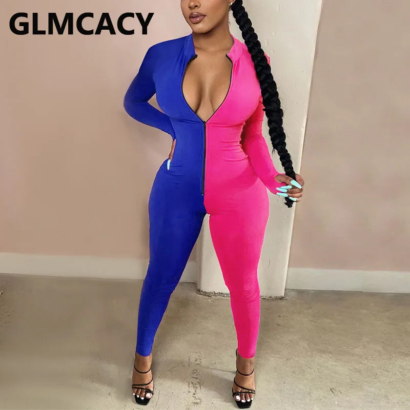 

Women Long Sleeve V Neck Skinny Jumpsuit Chic Color Block Jumpsuits