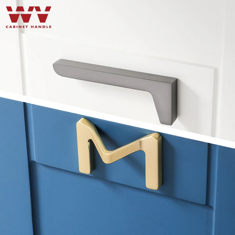 

WV Designed Luxury M/L-Letter Handle Cabinet Door Handles Brushed Gold Grey Drawer Pulls Furniture Handles Wardrobe Hardware 801