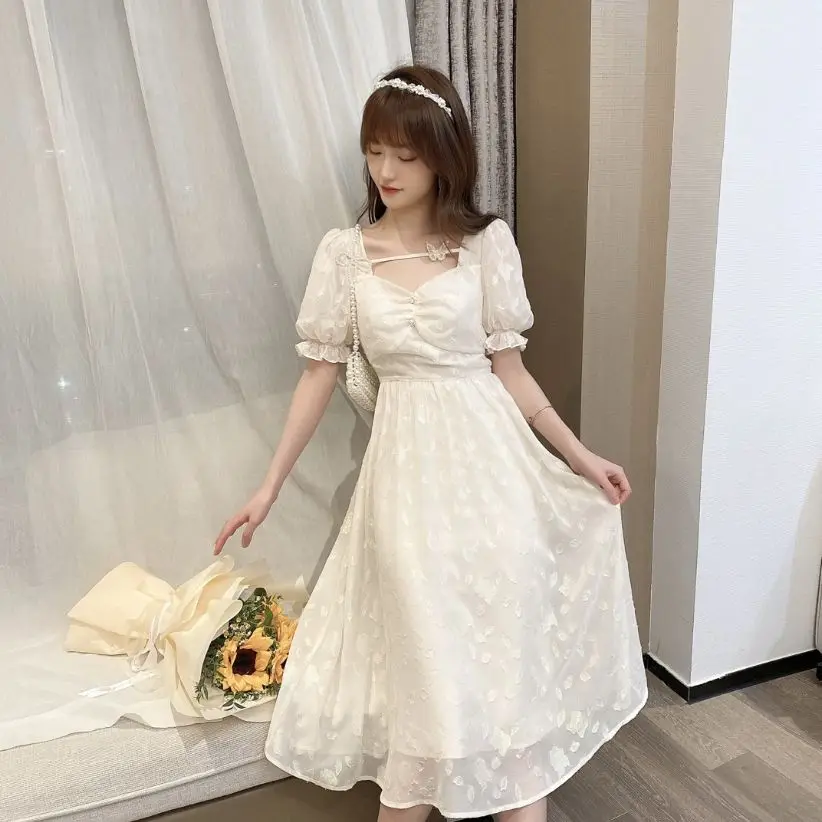 

Korean Summer Romantic Butterfly 2021 New Elegant Puff Sleeve Dress Large Size Long V-Neck Dress Floral Embroidery Retro Dress