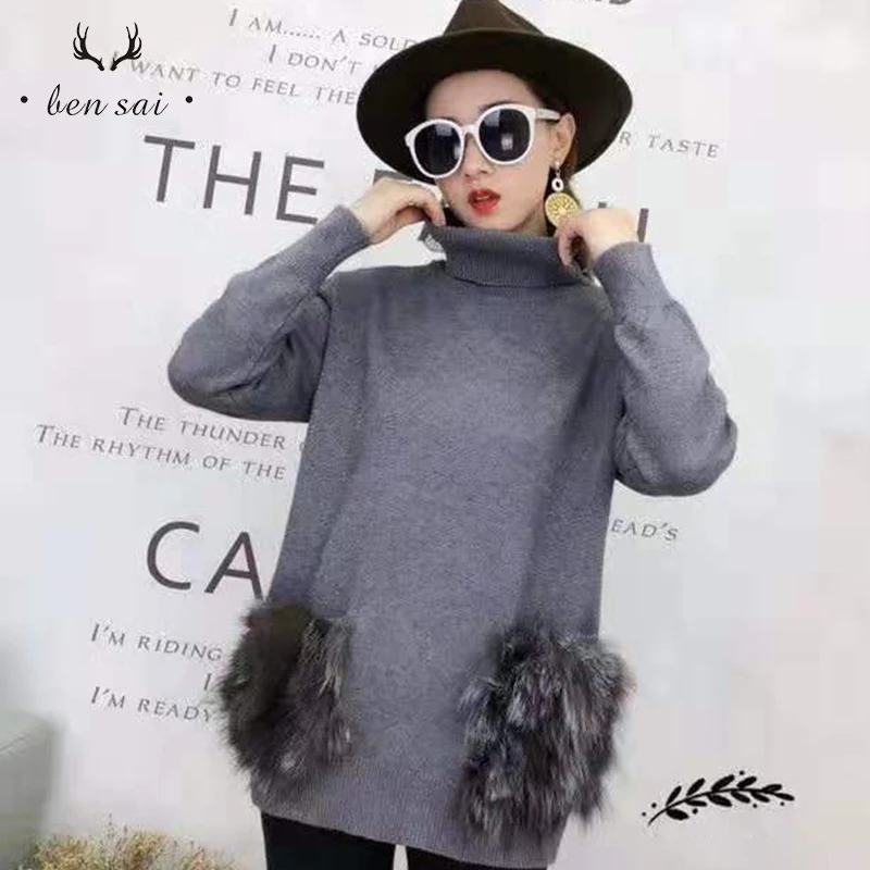 Женский модный свитер с воротником под горло имитация лисьего меха карманами