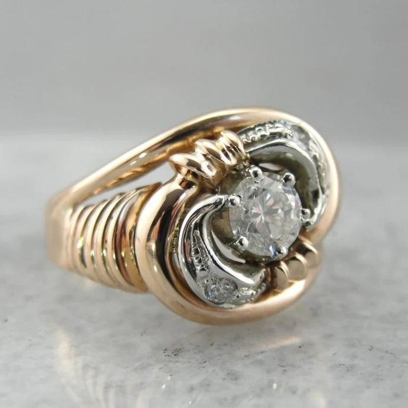 

Fashion Simple Rose Gold Color Doble Moon Shape Rings White Crystal for Women Men Party Anniversary Band Jewelry