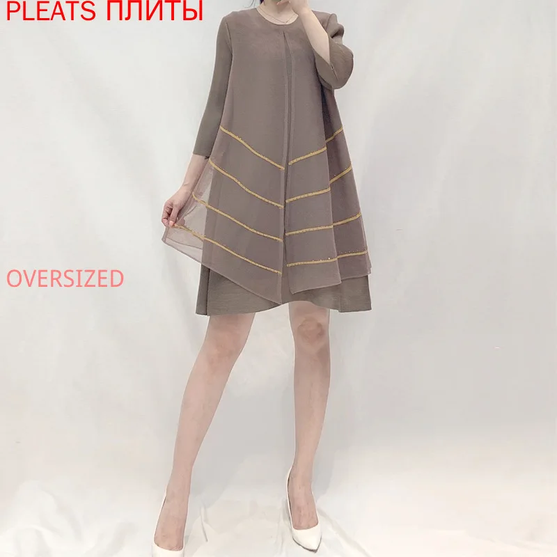

Summer New Solid Color Round Neck Mesh Casual Fake Two-piece Women's Loose Miyake Pleated Dress Pleats Vestido Elegant Shein