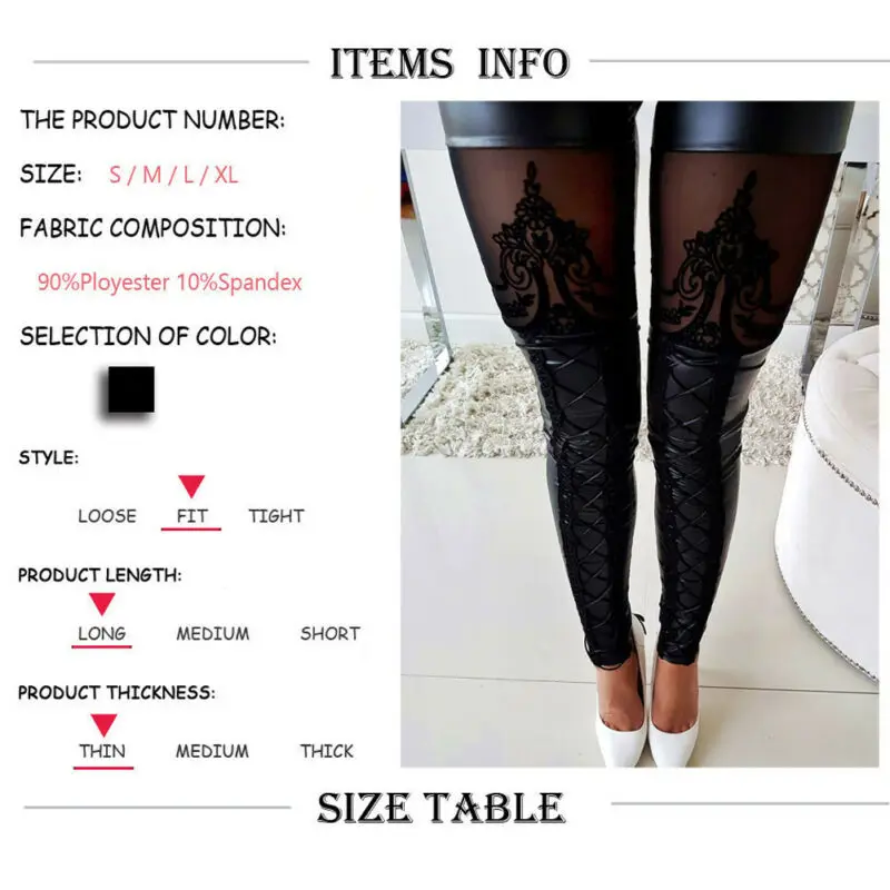

Women's PU Leather Pants Stretchy Push Up Pencil Skinny Tight Black Lace Hollow Out Leather Bandage Pants