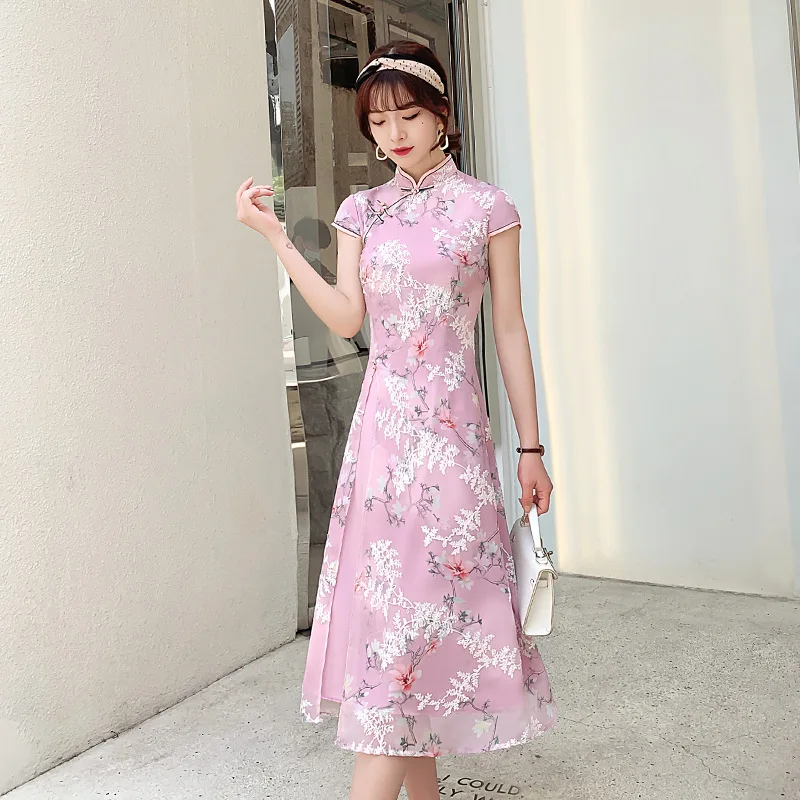 

FZSLCYIYI Aodai Qipao Dress Chinese Traditional Women Embroidery Flower 4XL Cheongsam Novelty Chinese Formal Party Dress