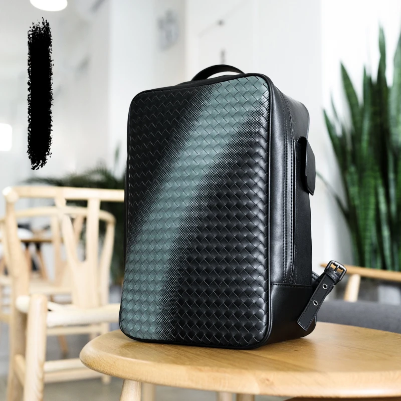 Genuine Leather Shoulder Bag Men's Simple Woven Bag Casual Bag Computer Backpack Fashion Large Capacity Travel Bag Luxury Brand