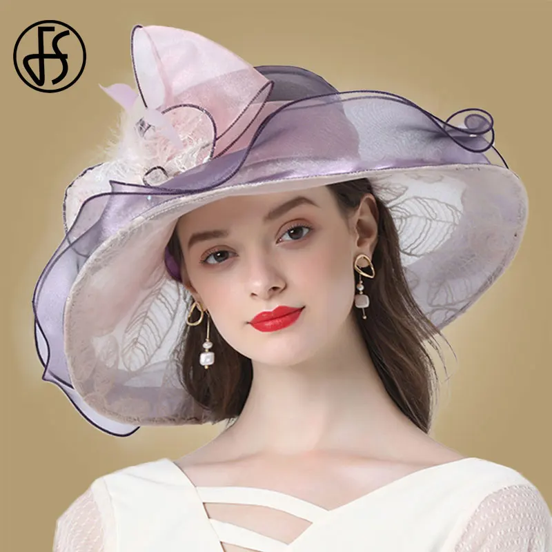 Женская шляпка из органзы FS с широкими полями и декоративными цветами летняя 2019 |