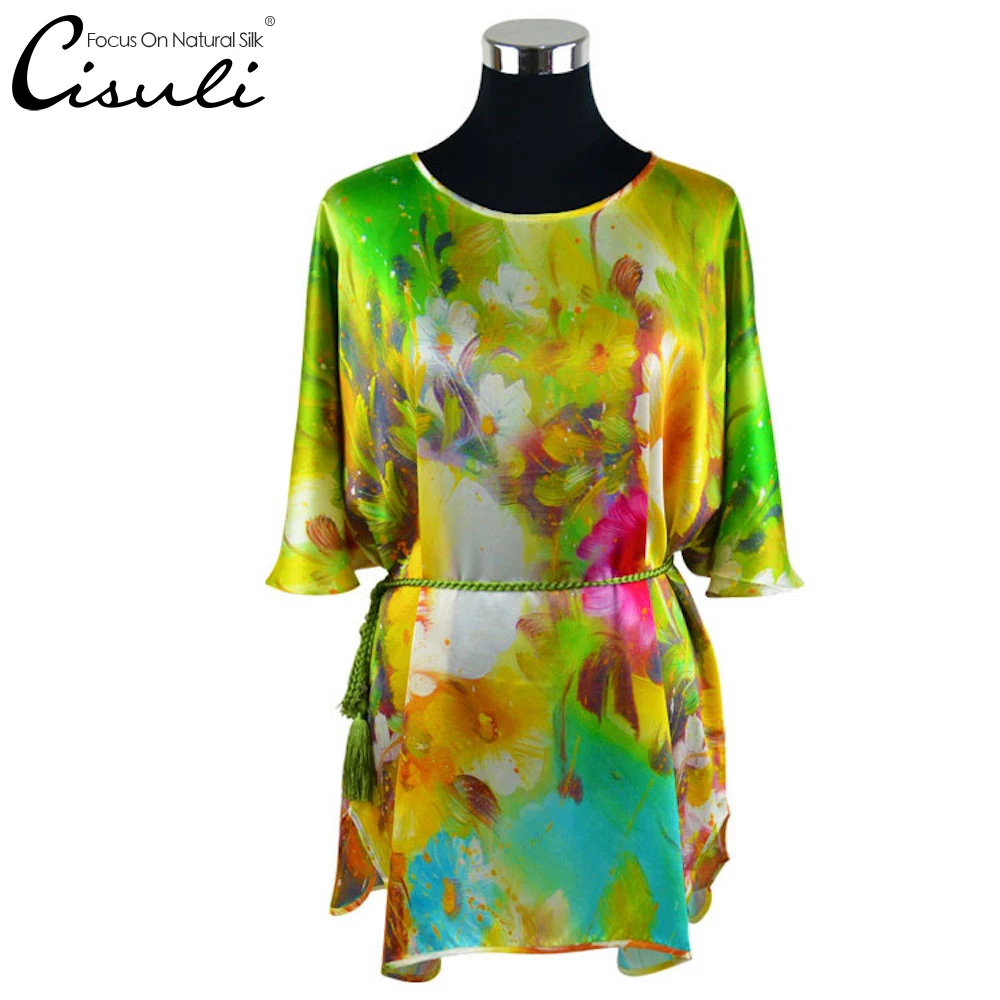 CISULI Print Silk Bat T-Shirt 100% Mulberry Silk Summer New Fashion Floral Design For Women Plus Big Size women's clothing