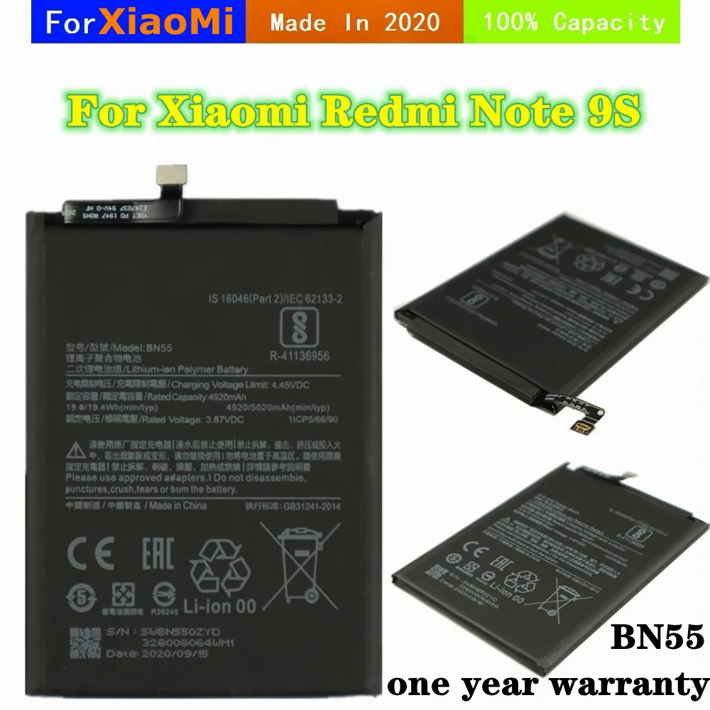 

New 100% Capacity BN55 5020mAh Battery For Xiaomi Redmi Note 9S High Quality Mobile Phone Replacement