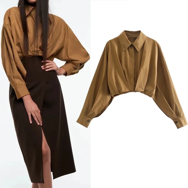 

TRAF Brown Top Women Pleated Crop Top Woman Puff Long Sleeve Blouse Female Autumn 2021 Fashion Streetwear Button Up Shirt