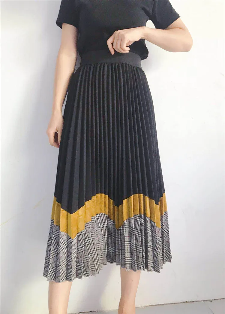 black with plaid Корейский стиль осень волна пэчворк трапециевидной формы длинные плиссированные юбки контрастный цвет клетчатый полушерстяной средней длины длинная юбка - Цвет: black with plaid
