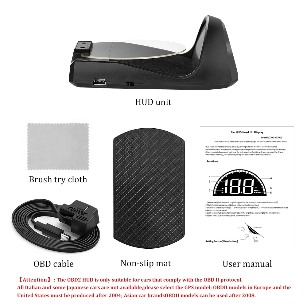 

Turejo HD C700 OBD2 Car HUD Head Up Display Automobile Trip On-Board Computer GPS Speedometer Clear projector Diagnostic Tool