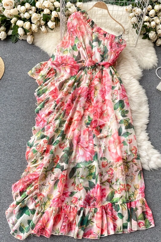 

2021 Spring/Summer New European Floral Dress Diagonal Collar One-Shoulder Elegant Ruffled Holiday Skirt dresses for women
