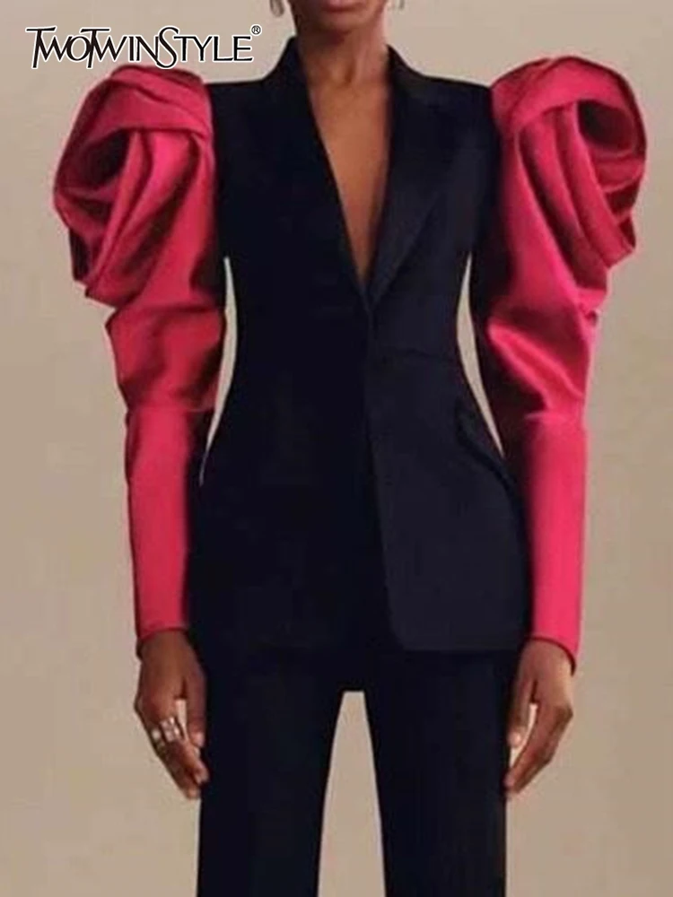 

TWOTWINSTYLE Elegant Patchwork Blazer Coat For Women Notched Puff Long Sleeve Colorblock Blazers Female 2022 Spring Clothing New