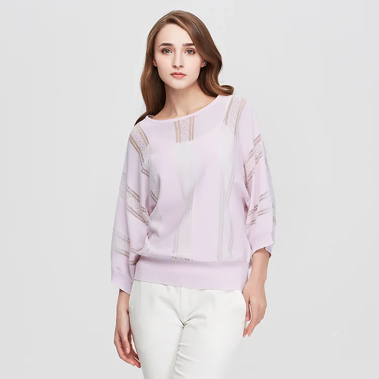 

Spring 2021 new woman sweaters thin loose knit pullover round neck five-point sleeve plant worsted T-shirt dropshipping