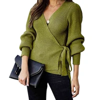 Women Sexy Wrap V-Neck Sweater Lantern Sleeve Ribbed Knit Belted Jumper Tops