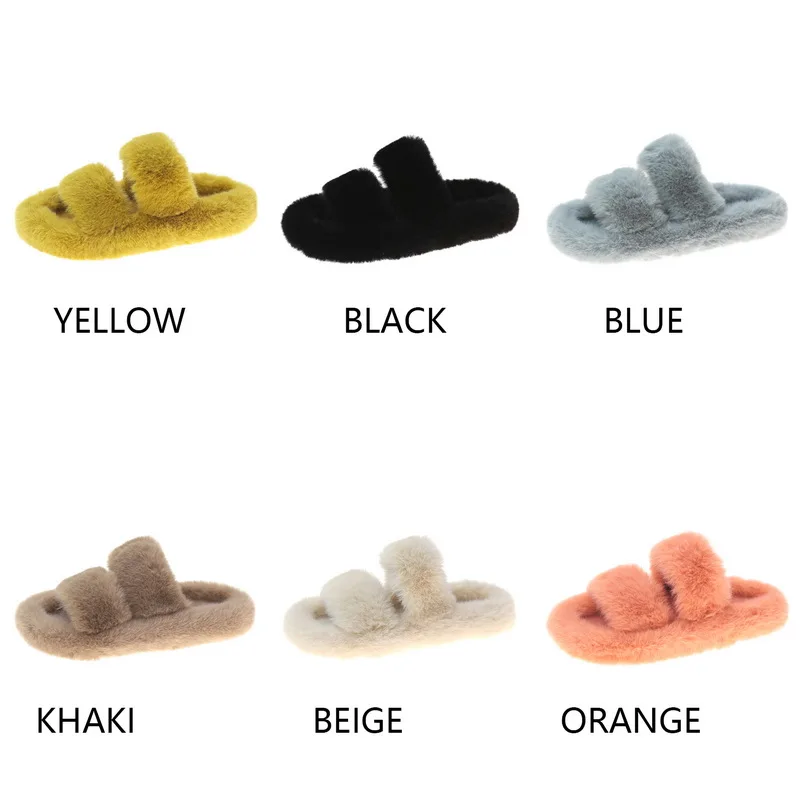 

House Shoes Women Furry Slippers Winter Soft Fur Plush Warm Flats Rubber Sole Non Slip Home Slides Casual Shoes Ladies Female