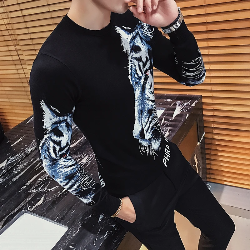 Модные тонкие свитера с принтом белого тигра мужские Клубные вечерние вязаные