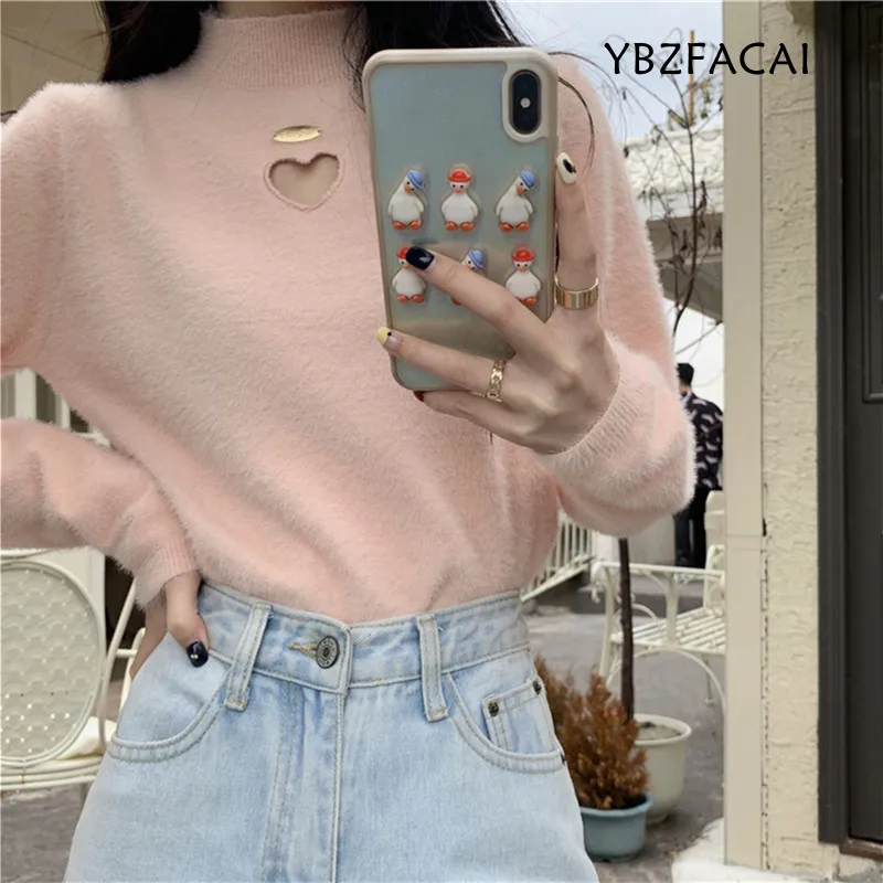 

Imitated Mink Velvet Soft Waxy Sweater Female Fall Winter Temperament Lady Half-High Neck Love Hollow Inner Knit Bottoming Shirt
