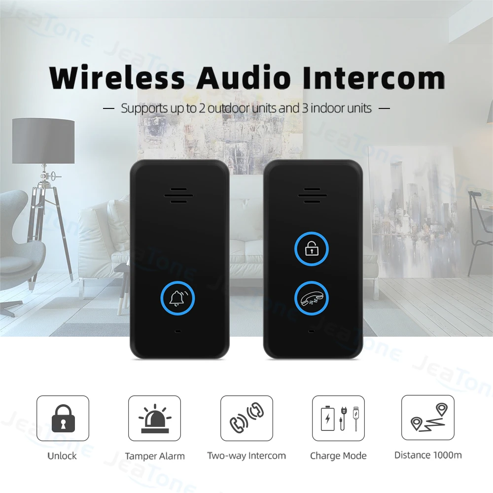 JeaTone Wireless Audio Door Phone Intercom for Apartment Handsfree Doorbell with Unlock Function Support USB/Battery/5V Power