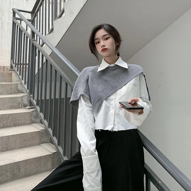 

Autumn/winter Shawl Sweater Women's Knitted Sleeveless Waistcoat Vest Short Long Sleeve Top Hong Kong Style Blouse