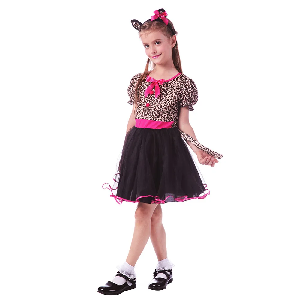 Милый леопардовый узор платье девушки порошок черный Кот Набор сценическое