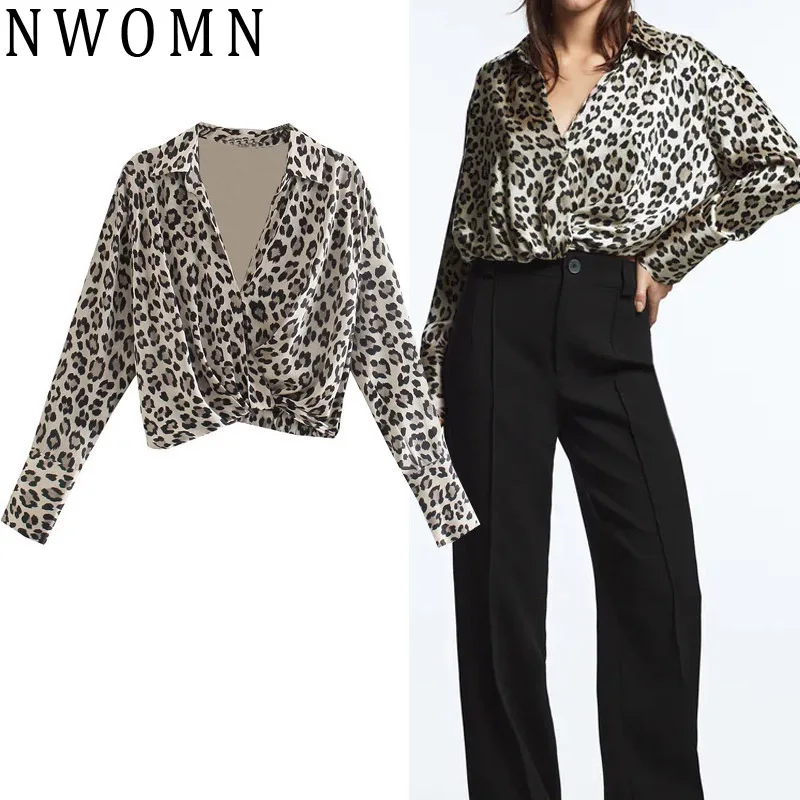 

Женские рубашки NWOMN Za, короткий топ с животным принтом, Женская шикарная винтажная рубашка с узлом и рюшами, с длинным рукавом и воротником