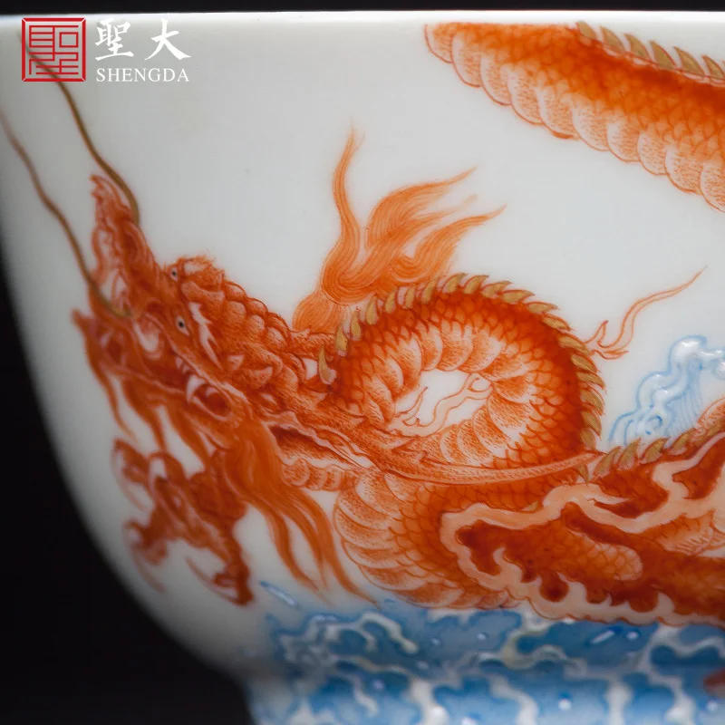 

Kung Fu tea cup hand painted alum red painted gold across the wall Jiaolong sea Master Cup handmade Jingdezhen tea set