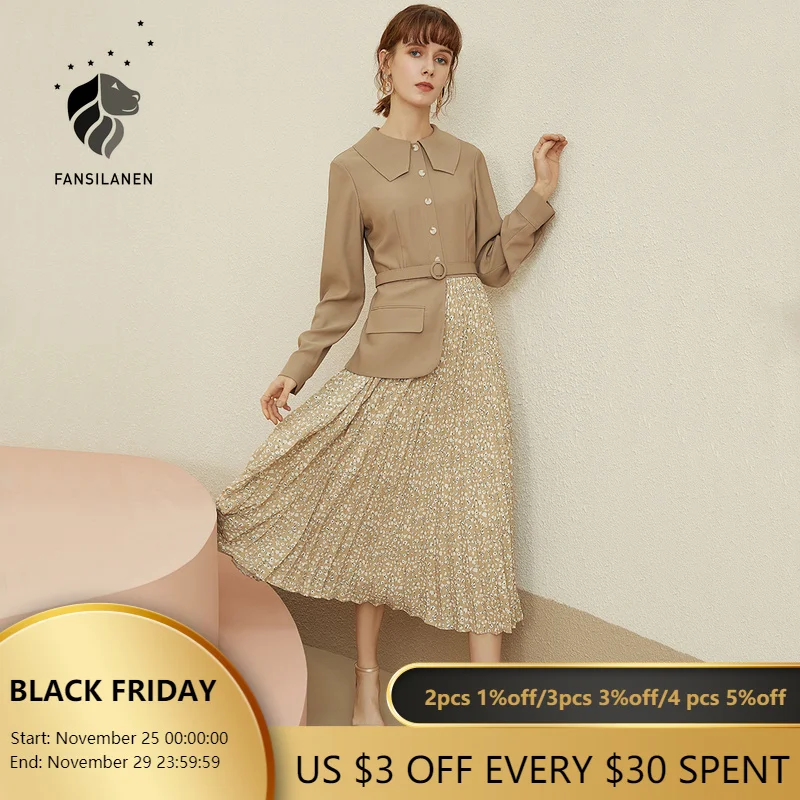 

FANSILANEN Floral Print Elegant Long Pleated Dress Women Autumn Winter Vintage Black Dress Office Lady Casual Retro Party Dress