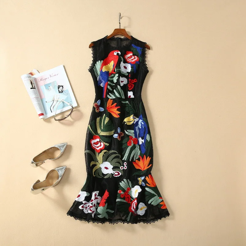 European and American women's wear for spring 2021  Sleeveless parrot flower embroidery  Fashionable fishtail dresses